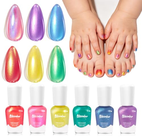 Aieenjor Nagellack Kinder Meerjungfrau kindernagellack ab 3 Jahre Ungiftig | Kinder Nagellack Mädchen Ungiftig, Abziehbar &Wasserbasis Kinder Mädchen Geschenk Kit,6 Farben pearl Favors