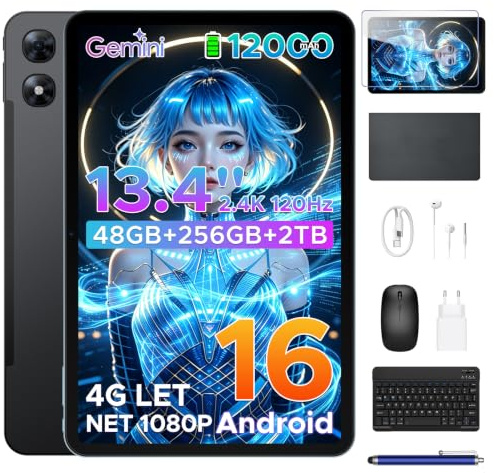 POPUX P13 Pro Tablet 13.4 Pollici con Sim,5GWiFi 4GLTE,48GB+256GB,Nero | 2.4K,120Hz,T7280 Octa-Core,12000mAh/18W, 16MP+8MP, Gemini AI Tablet android 16, Face ID/GPS/FM/Tablet con Tastiera e Penna