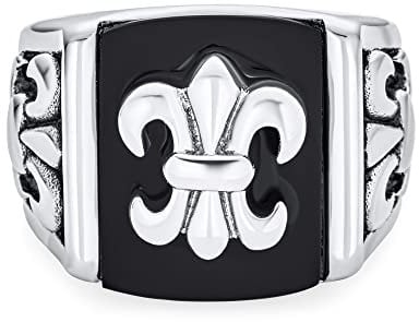 Bling Jewelry Personnalisez La Bague Sigillaire Carrée Fleur De Lis En Acier Inoxydable Ton Argent Avec Une Imitation De Pierre D'Onyx Noir Pour Hommes