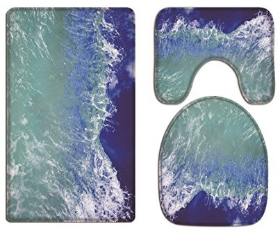 A.Monamour Badezimmer Badematte 3 Teilig Set Spritzwasser Blau Ozean Meer Welle Schäume Wolke Im Himmel Toilettenüberzug Flanell Saugfähig Badteppiche Badvorleger Badgarnitur WC Vorleger
