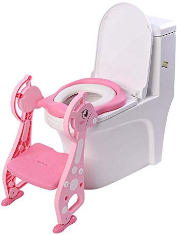 Ejoyous Kinder Toilettensitz mit Treppe, Verstellbares Höhenverstellbar Faltbares Toilettenaufsatz Kinder Toilettensitz mit rutschfester Leiterstufe und Rutschfeste Polster in Rosa
