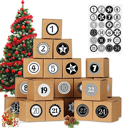 Adventskalender zum Befüllen, 24 Adventskalender Boxen, Adventskalender Selber Befüllen, Weihnachtskalender DIY Bastelset inkl. Weihnachten Adventszahlen Aufkleber, Schachteln zum Befüllen