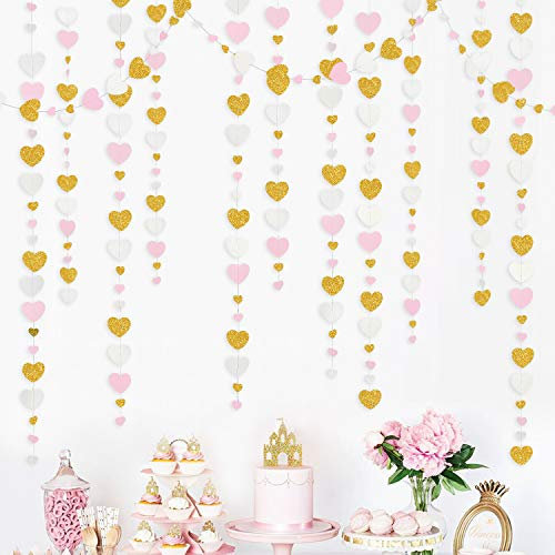 52 Ft Rosa Weiß und Gold Liebesherz Girlande Hängendes Papier Streamer Banner zum Jubiläum Muttertag Bachelorette Verlobung Hochzeit Baby Brautdusche Valentinstag Geburtstagsfeier Dekorationen