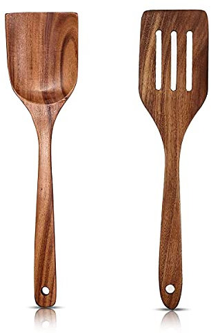 Esteopt JCM-35 Pfannenwender, Holzspatel 30 cm, 2er-Set, elegante Wenge- oder Bratpfanne, Kochutensilien und Wok, braun