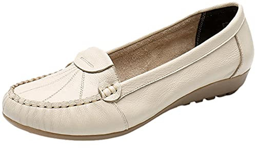 rismart Mokassins Damen Leder Loafer Flache Bequem Beiläufig Arbeit Schuhe Beige 37 EU