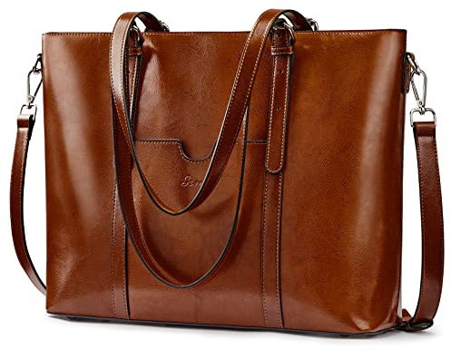 S-ZONE 15,6 Leder Umhängetasche Laptop Tragetasche Damen Handtasche mit Umhängeriemen
