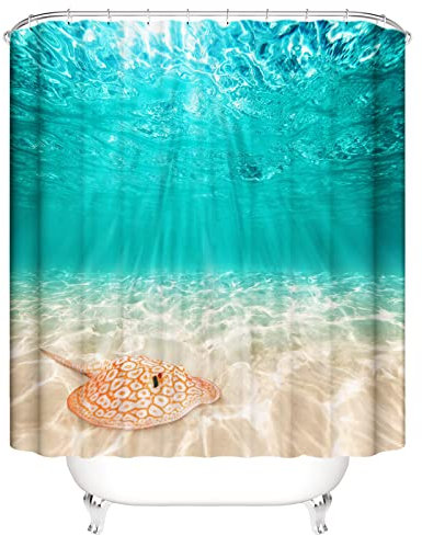 OCEUMACO 3D Unterwasserwelt Duschvorhang 180x200 Türkis Meer Manta Tiere Shower Curtains Textil Antischimmel Wasserdicht Beige Sand Duschvorhänge Badewanne Stoff aus Polyester Waschbar