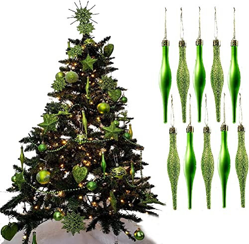 UKDeals Direct® LIME GREEN COLLECTION CHRISTMAS DROPLET BAUBLES TREE DECORATIONS GLITTER MATT ICICLES (Pack of 10 Droplets 120mm)