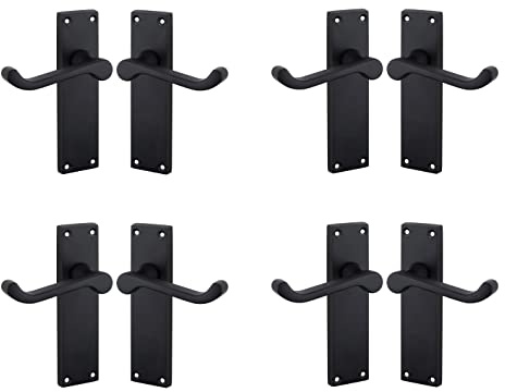 Golden Grace Victorian Scroll Lever Latch Door Handles, Matt Black, 4 Pairs | Includes spindles and screws for quick installation, with 150mm x 40mm backplates fitting doors up to 44mm thick.