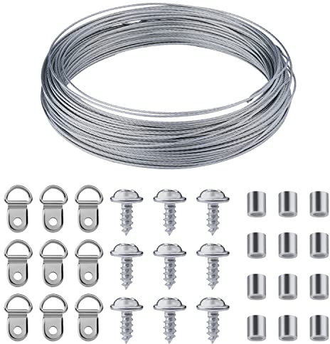 Draht zum Aufhängen von Bildern, 30 m Strapazierfähig Bilder Aufhängen Draht und Haken Set zum Aufhängen von Bildern mit Schrauben, D-Ring-Bildaufhängern und Crimpschlaufe