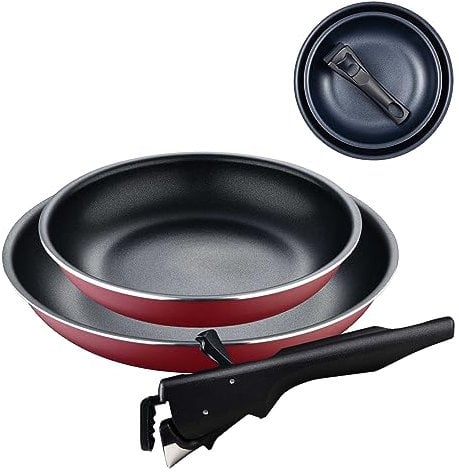 Bergner Red Edition | Pfannenset 3- teilig 22 und 26 cm + Abnehmbarer Ergonomischer Griff | Gepresstes und Antihaftbeschichtetes Aluminium | Für Alle Herdarten und Backöfen