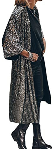 Onsoyours Damen Frühling Pailletten Cardigan Jacke Casual 3/4 Ärmel Strickjacke Open Front Cardigan Lose Lang Dünne Jacke Leichter Elegante A Silber XL