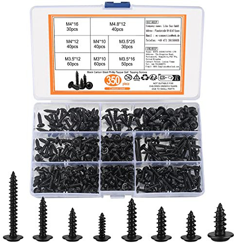 350 Pz Viti Autofilettanti, Autoperforanti Nere, a Testa Piatta e a Croce per Legno e Cartongesso - Acciaio Carbonio per Metallo, M3 M3.5 M4 M4.8