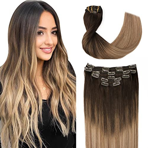 Sindra Clip in Extensions Echthaar Real Human Hair Extensions Haarextension Echthaar Balayage DunkelBraun bis Schmutzige Blond 50cm 6pcs 120g Natürlich Haarverlängerung Gerade C#2/6/18 20 Zoll