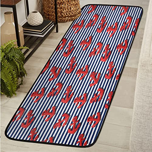TropicalLife Roter Anker L?ufer Teppiche f¨¹r Flur rutschfest 60 x 182 cm Blau Marineblau Streifen Teppich L?ufer Teppich L?ufer Langfl?che L?ufer f¨¹r K¨¹che Eingang Wohnzimmer Waschk¨¹che