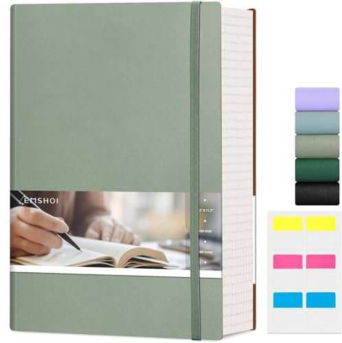 EMSHOI A4 Lined Journal Composition Notebook - 21 x 29.7cm, 400 Pages Large College Ruled Notebook for Work, 100gsm Thick Journal for Writing, Faux Leather Softcover, Sticky Notes, Green