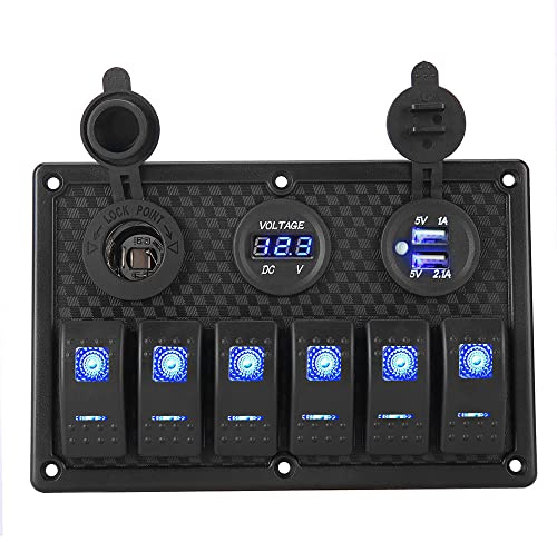 Riloer Pannello di commutazione combinato a 6 Gang, 12V/24V Marine Boot Auto RV Dual USB Toggle Rocker Interruttori di Protezione da sovraccarico con luce LED, con voltmetro