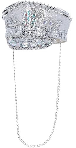 Smiffys Sombrero de capitán Fever Deluxe con adornos de lentejuelas, plateado, con cadena Halloween