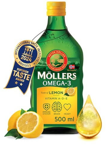 Moller’s ® | Aceite de hígado de bacalao | Complemento dietético con omega-3 EPA, DHA y vitaminas A, D y E | Sabor Limón | 500 ml