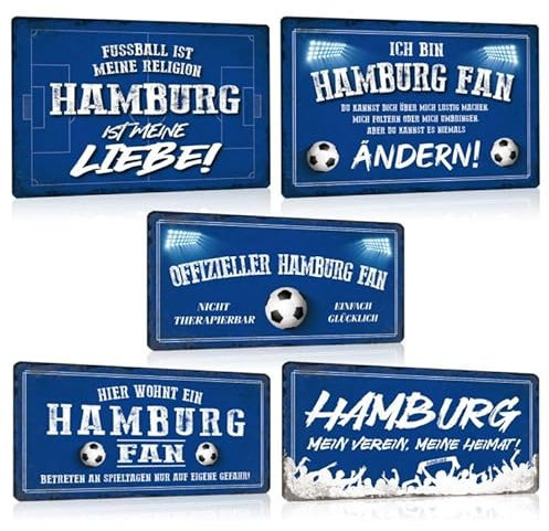 5er Set Fußball Blechschilder - Fussball Metallschild mit Spruch - Sport Schild Deko Zubehör Geschenk Fanartikel für Hamburg Fan Liebhaber Begeisterte