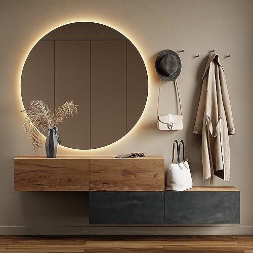 Planetmöbel Flur Möbel Garderobe Hängeschrank 2X 140 cm Gold Eiche - Schwarz Charcoal/Gold Eiche, Kompaktgarderobe mit Klappe als Stauraum, Wandgarderobe 37,8T x 140B x 32,5H cm