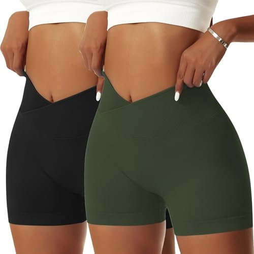 Vertvie Damen Gym Shorts V Cross Stretch Push Up Yoga Shorts Booty Scrunch Fitness Hosen Kurz High Waist Nahtlos Workout Sportshorts Butt Lift Kurze Leggings Sommer (Schwarz/Armeegrün, S)