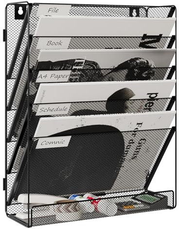Senhoglb 6 Fächer zeitungshalter Wand Metall A4 Zeitschriftenhalter Wand Dokumentenablage Hängeregister Zeitschriftenständer Flyerhalter Prospektspender mit 5 Fächern und 1 Tablett ohne Seite, Schwarz