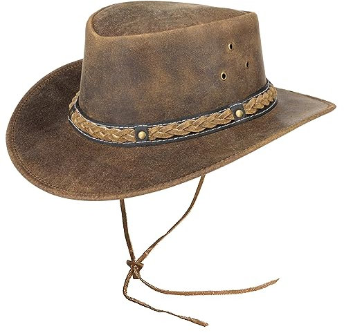 Pamposh Cowboyhut aus Leder für Herren und Damen, handgefertigt, leicht, Westernhut, formbar, langlebig, breite Krempe, Cowgirl-Hut, braun, L