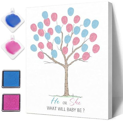 Lustiges Babyparty-Gästebuch, Partyspiel, Geschlecht enthüllen, Fingerabdruckblätter, Baum, Geschlechtsoffenbarung, Babyparty-Ideen, Andenken, besondere bedeutungsvolle Leinwanddekoration