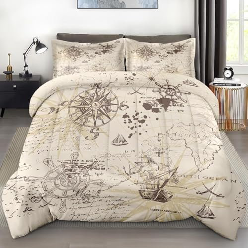 Pamnest Comforter Set Twin Size, Adventure Map Vintage Rose Soft Bedding Set for Kids and Adults, Nautical Pirate World Comforter Set with Pillowcase, for Bedroom Bed Decor