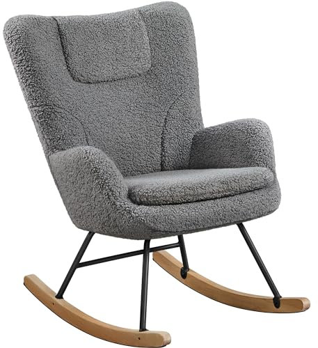 Yaheetech Silla Mecedora Relax Tapizada en Boucle Sillón Balancín con Estructura Metal y Madera de Haya Respaldo Alto Soporta 136 kg Ideal Salón Dormitorio Gris Oscuro