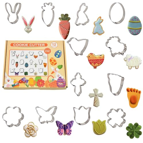 Geterral 12-teiliges Oster-Ausstechformen-Set, Osterei, Hasengesicht, Kaninchen, Karotte, Schmetterling, Blumen, Kreuz, Blätter, Schafe, Fußabdruck, Küken, Edelstahl-Keks-Sets