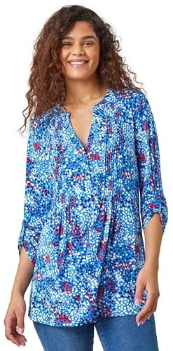 Roman Originals Pintuck Shirt for Women Ladies Jersey Blouse Collarless Top Flare Crinkle Notch Neck Tunic 3/4 Length Sleeve Longline Smart Casual Everyday Party Going Out - Blue Red - Size 10