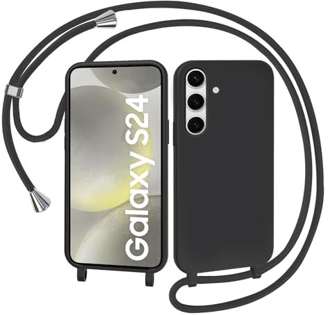 AOMYKE Coque pour Samsung Galaxy S24 avec Cordon, Collier Étui Silicone Liquide avec Tour de Cou Lanière en Corde Souple TPU Antichoc Housse - Noir