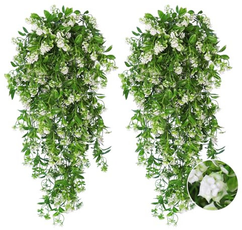 RECUTMS 2Pcs Hanging Flower Artificial Vine Greenery Faux Plants for Outdoors Basket Plastic Home Garden Wedding Party Decorations(White)