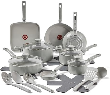 T-Fal Refresh - Juego de utensilios de cocina antiadherentes de cerámica, 20 piezas, aptos para horno y asador hasta 176.7 °C, incluye olla, plancha, sartenes y utensilios, ollas y sartenes, gris luna