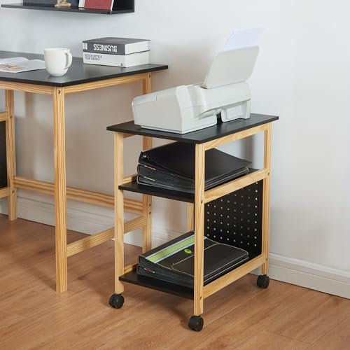 [en.casa] Rollwagen Dønna Bürowagen mit 2 Ablagen Druckerständer auf Rollen Beistelltisch Küchenregal Servierwagen für Küche 61x51x36cm Schwarz/Holzfarben