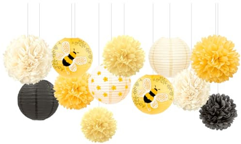 NICROLANDEE Bienen Party Dekorationen, 12 Stück Gelbe Bienen Papierlaternen Seidenpapier Pompons Dekor für Bienentagsparty, Blumen Bienen Babyparty Geburtstagsdekorationen