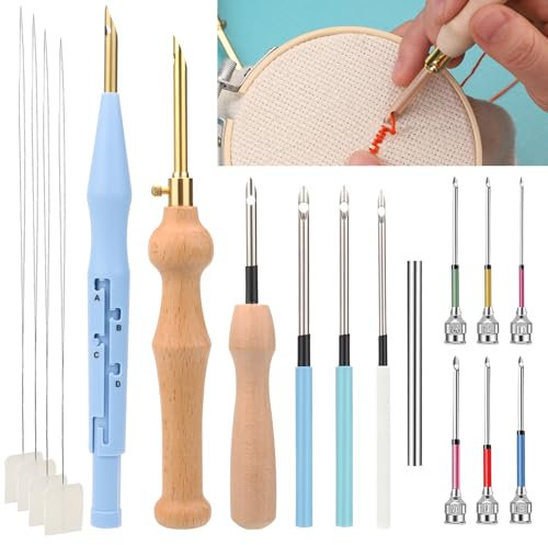 Fomiat 17 Stück Stickerei Starter Kit Punch Needle Kit Einstellbare Stanznadel Werkzeug Holzgriff Stickstift Stanznadel Tuch Stanznadel Set für Stickgarn Kreuzstich Anfänger(17)