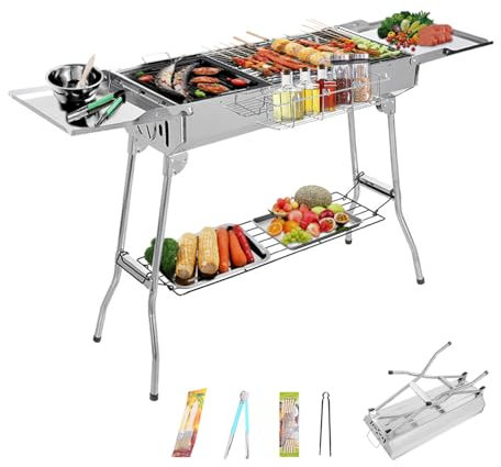 DOKKOME Edelstahl BBQ Holzkohlegrill 121x30x74cm Räuchergrill Faltbar Grill XXL Tragbar Camping Zweilagig Klappgrill 5-10 Personen für Kochen im Freien Camping Wandern Picknick