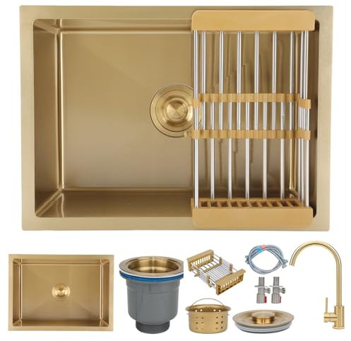 KOOGIMDDR Fregadero dorado de 60 x 40 cm con grifo, de instalación bajo encimera, en acero inoxidable, multifuncional, esencial para cocina de seno único con drenaje dorado y componentes de montaje