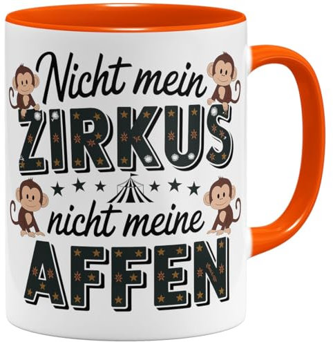 OM3® lustige Kaffee-Tasse mit Spruch - Nicht mein Zirkus nicht meine Affen - Zirkuszelt Äffchen - Statement Bürotasse IV - Keramik Becher - 325ml - Beidseitig Bedruckt - Orange