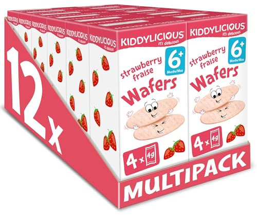 Kiddylicious Wafers Fraise I Dès 6 Mois I Sans Gluten & Sans Lait I 12 Packs de 16g (4 Sachets de 4g) | 192g