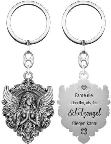 Anwlki Schutzengel Schlüsselanhänger Engel Auto Schlüsselanhänger Anhänger Medaille Plaketten Fahre nie schneller als dein Schutzengel fliegen kann Auto Motorrad Autofahrer Schutzpatron (Altes Silber)