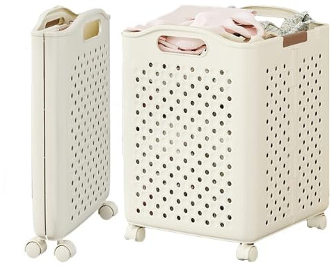 Wäschekorb aus Kunststoff, Faltbar Wäschekorb mit Rollen Wäschesammler mit Griff, Rollender Wäschekorb für Schmutzige Kleidung, Spielzeug