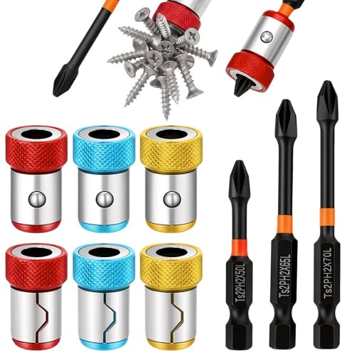 6 Pieces Strong Magnetic Screw Ring With 3 Pieces Ph2 Screwdriver Bit Set, 1/4 Inch/6.35 mm Universal Magnetizer Screw Removable for Hex Screwdriver and Power Bits