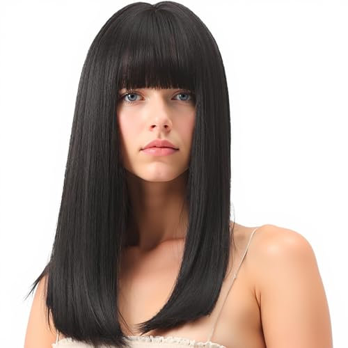 Gerade Bob Perücke Schwarz Lang,Peruecken Damen Für Fasching Fstnacht Karneval Halloween Cleopatra Perücke Damen(Schwarz)