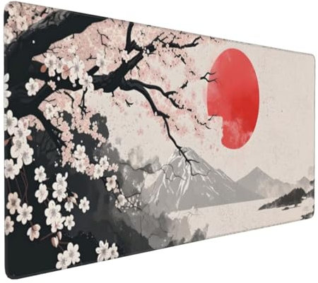 Large Mouse Mat 62.9x31.5x0.12 inch, Extended Mouse Mat Cherry Blossoms Red Sun Mouse Pad, Desk Pad, Gaming Mouse Pad, Keyboard Pad with Stitched Edges Non-Slip Rubber Base for Desk Decoration F-1071