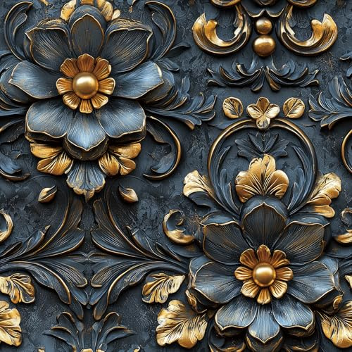 FunStick 44.5CM×9M Selbstklebende Tapete 3D Effekt Blumen Luxuriös Vintage Klebefolie Möbel Kommode Schrank Blumenmuster Anthrazit Blau Wasserdicht Selbstklebende Folie Wand Blumen Schwarz Grau Tapete