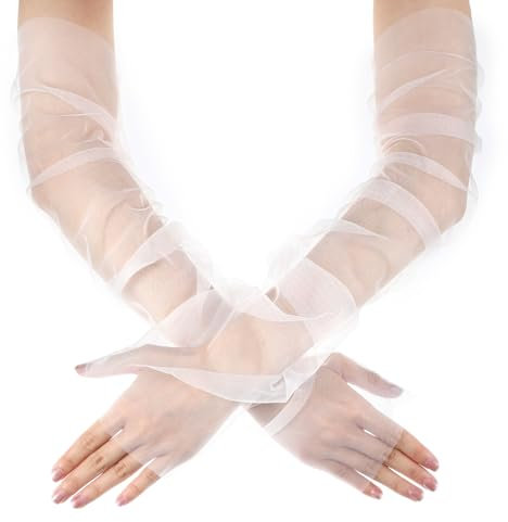 InnoHHustle Weiße Handschuhe Lang, Damen Lang Handschuhe Weiß Brauthandschuhe Hochzeit Abnehmbare Ärmel Fingerlose für Frauen Transparente Tüllhandschuhe für Teeparty Verlobung Tanz Cocktailparty